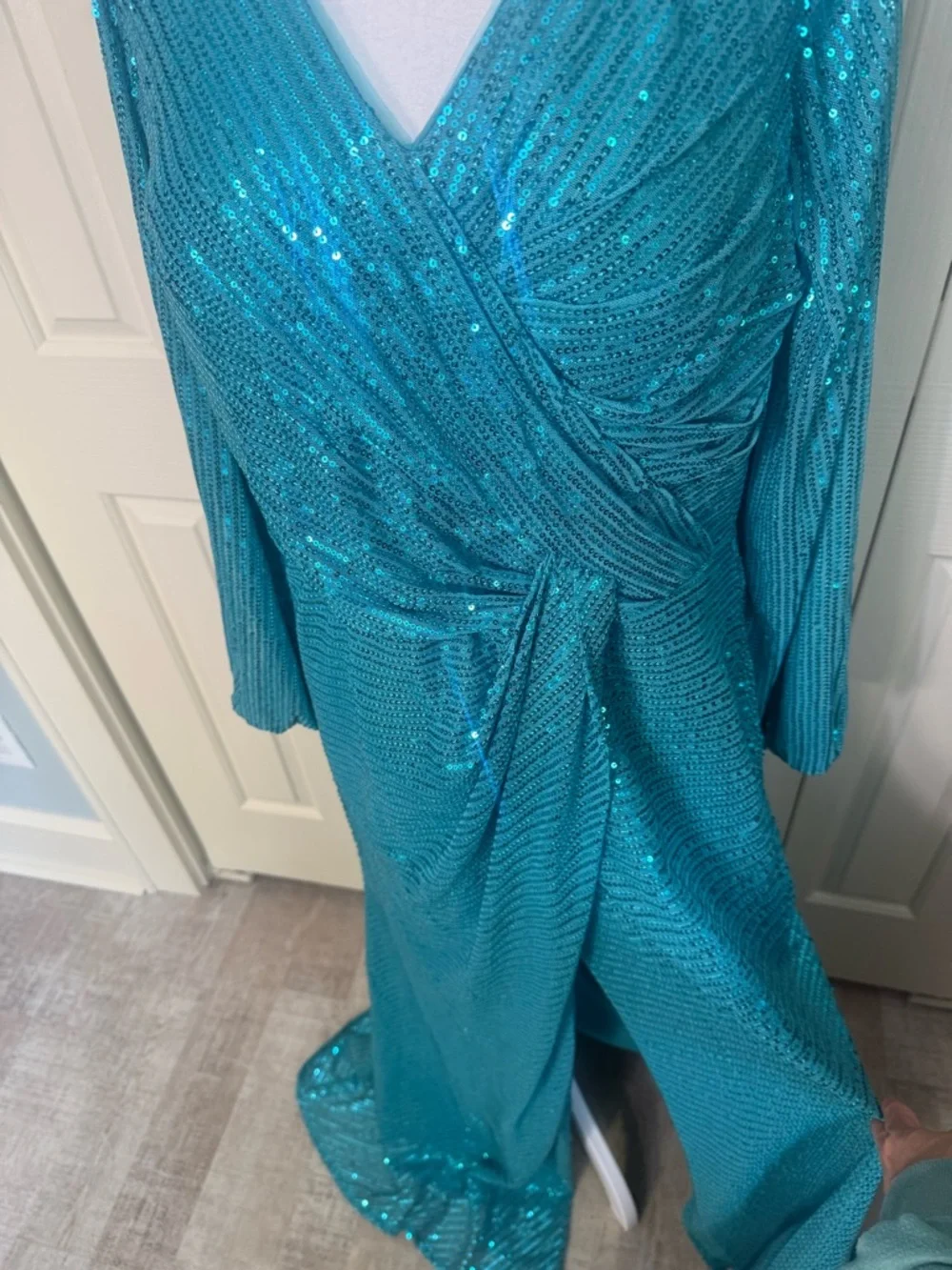 Teal Sequin V-Neck Long Sleeve Evening Dress - Picture 4 of 4